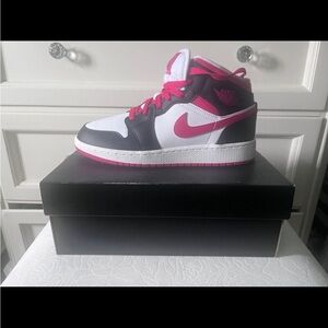 Air Jordan 1 Mid Kids Sneakers - White, Pink, and Black